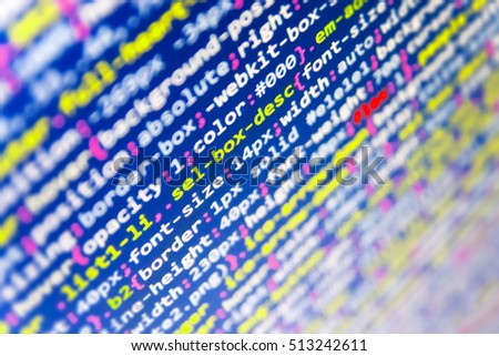 HTML website structure. Internet security hacker prevention. Web site codes on computer monitor. Website programming code. Coding script text on screen. Programming code on computer screen. 
