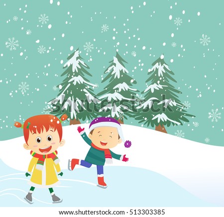 illustration of happy kids ice-skating outdoors