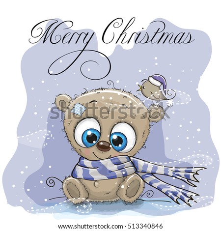 Greeting Christmas card with Cartoon Teddy Bear