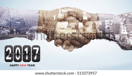 Composite image of numbers against composite image of hand shake in front of wires