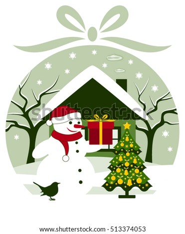 vector christmas ball with snowman with gift and christmas tree in snowy landscape
