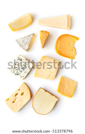 Different kinds of cheeses isolated on white background. Royalty-Free Stock Photo #513378796