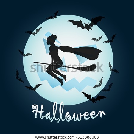 Halloween picture. Silhouette of a young witch flying on broom.  Silhouette of a beautiful witch and bat flying in front of a full moon.