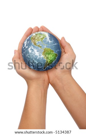 Hands holding the world on a white background