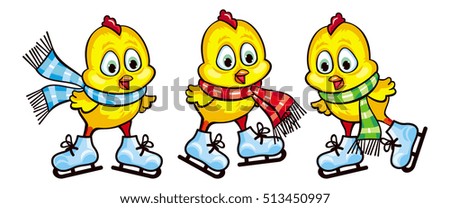 Three cute chickens ice skating. Raster clip art.