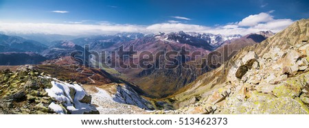 Beautiful panoramic view from about 3500 meter of Tetnuldi glacier near Mestia, Svaneti region, Georgia, Europe. Picturesque and gorgeous scene of high Caucasus ridge. 