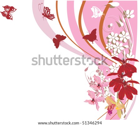 Illustration with pink silhouettes of butterflies and flowers