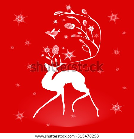 Vector illustration of white deer on red background for New Yea and Christmas design. Template for greeting postcard, invitations, scrapbooking, calendars, printed, textiles, wrapping, website etc.