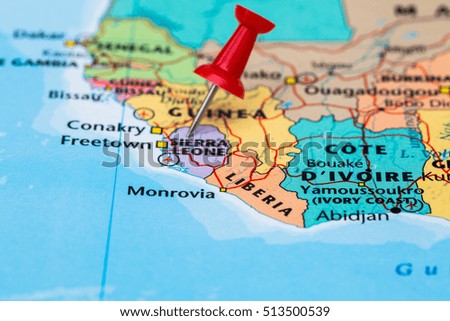 Map of  Sierra Leone with a red pushpin stuck