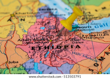 Map of Ethiopia with a yellow pushpin stuck