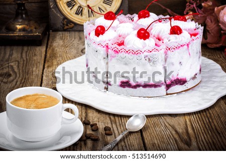 Coffee, Cake with Cream and Cherry. Sweet Food