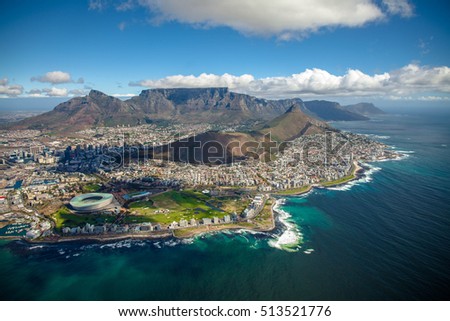 Aerial photo of Cape Town South Africa, overlooking Table Mountain and Lions Head Royalty-Free Stock Photo #513521776