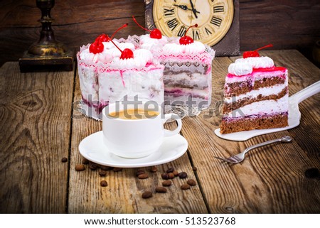 Cup of Coffee, Cake with Cream and Cherry. Sweet Food