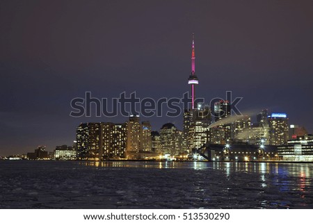 Toronto's Winter night skyline from Cherry street, Ontario, Canada. 