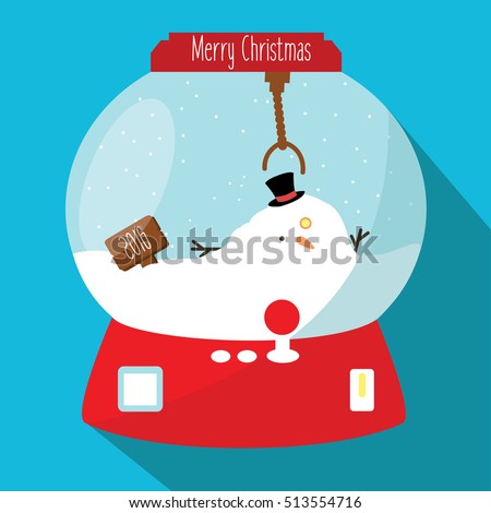 a glass ball Christmas & crane game machine with a melted snowman illustration isolated in a light blue background