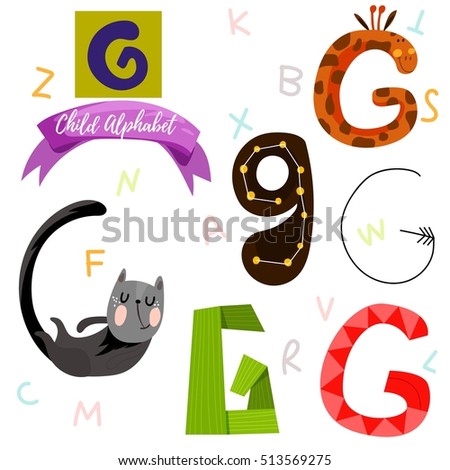 Bright alphabet set in vector.G Letter-Stylish 6 hand drawn letters in different designs.Cartoon abc icons - stock vector
