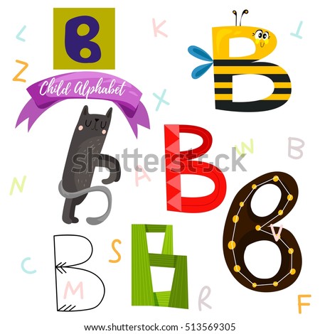 Bright alphabet set in vector.B Letter-Stylish 6 hand drawn letters in different designs.Cartoon abs icons - stock vector
