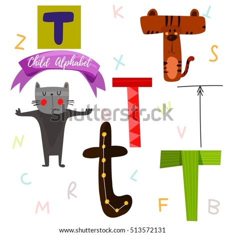 Bright alphabet set in vector.T Letter-Stylish 6 hand drawn letters in different designs.Cartoon abc icons - stock vector