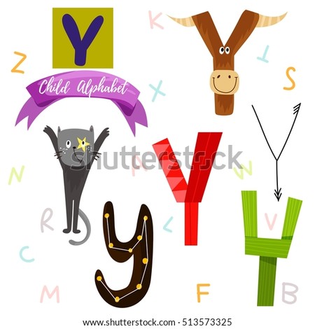 Bright alphabet set in vector.Y Letter-Stylish 6 hand drawn letters in different designs.Cartoon abc icons - stock vector