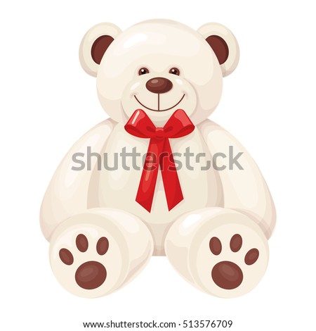 Teddy bear with a red ribbon isolated on white background. Vector illustration of cute toy.