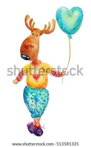 Cute Happy Valentines funny elk colorful watercolor illustrations. Funny character . Watercolor illustration elk portrait in a sweater with a heart, christmas print, happy Valentines day, balls 