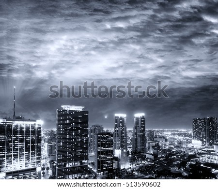 Downtown Miami at night. Aerial view from helicopter.