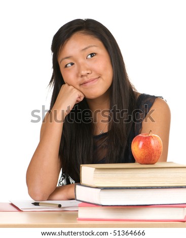 Teenage girl at book filled desk daydreaming with a happy, far away expression, I picture a text bubble upper right.