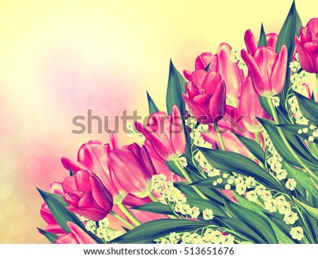 Pink tulips and lilies of the valley. Holiday card.