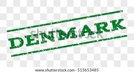 Denmark watermark stamp. Text caption between parallel lines with grunge design style. Rubber seal stamp with dirty texture. Vector green color ink imprint on a chess transparent background.