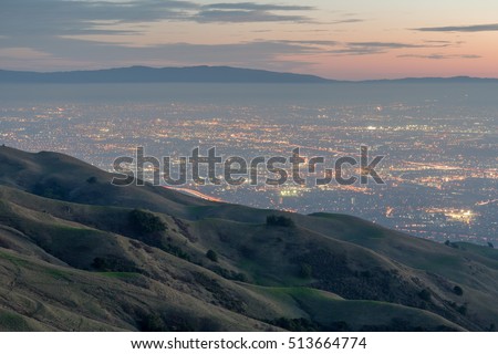 Silicon Valley and Rolling Hills at Dusk. Mission Peak Regional Preserve, Alameda County, California, USA.