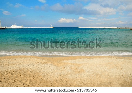 The beach in front of the harbour in Mykonos island, Aegeon sea,Greece