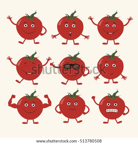 Set of isolated funny tomato in cartoon style.