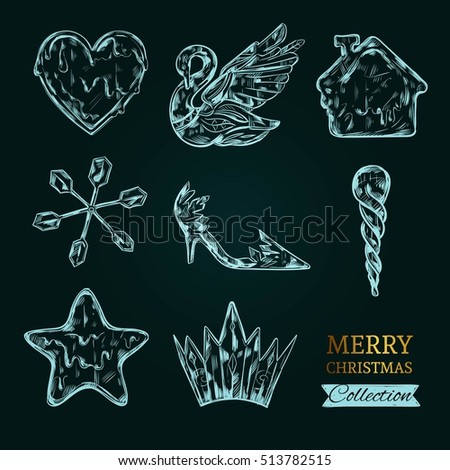  Merry Christmas postcard with collection of ice figures . Vector illustration. Isolated objects