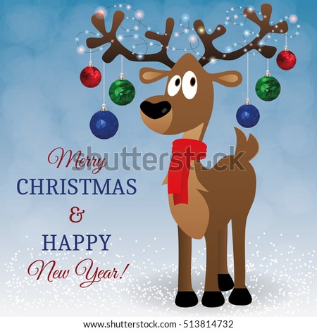 Merry Christmas card with cartoon deer, tree toys on big horns, presents, vector illustration. Happy new year