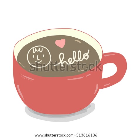 Hot coffee in red cup with latte art. Foam latte art with pictures of smiling face, Hello, heart. Greeting message. vector illustration.