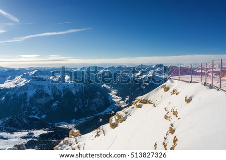 Sunny view of Dolomite Alps from viewpoint of Passo Pordoi near Canazei of Val di Fassa, Trentino-Alto-Adige region, Italy.