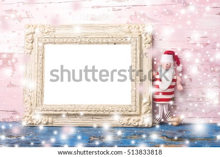 Christmas blank photo frame and Santa Claus vintage rag doll