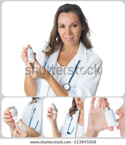 Female doctor is showing the performance of the pressurized cartridge inhaler - Collage of four images - Isolated on a white background