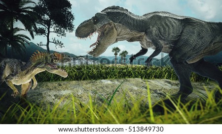 dinosaur scene of the two dinosaurs fighting each Royalty-Free Stock Photo #513849730
