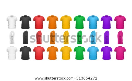Color T-shirts front view vector set isolated. Colorful t-shirts collection. Realistic t-shirt in flat style design. Casual men wear. Cotton t-shirt unisex man woman polo outfit. Fashionable apparel. Royalty-Free Stock Photo #513854272