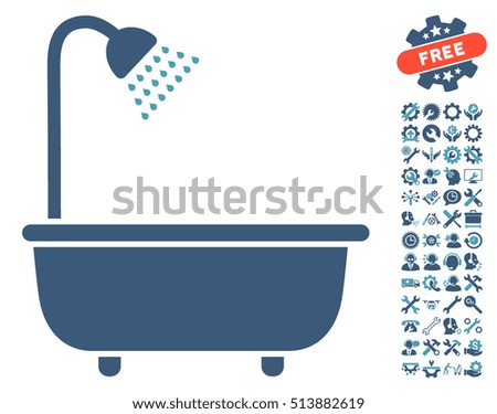 Bath Shower icon with bonus tools clip art. Vector illustration style is flat iconic cyan and blue symbols on white background.