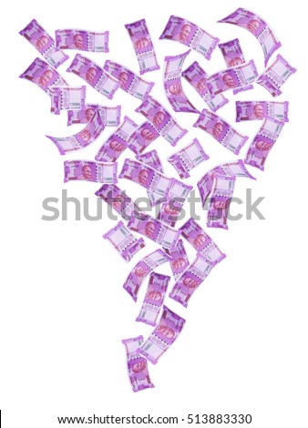 new Indian currency notes of rupees 2000 falling or flying, isolated over white background Royalty-Free Stock Photo #513883330
