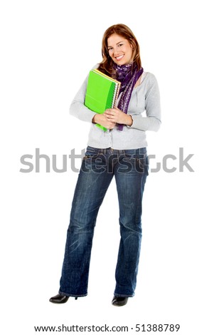 Female student holding a notebook isolated over a white background