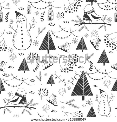 Vector winter seamless pattern.Cute hand drawn snowmen and birds. Perfect for greeting cards, postcards,wrapping paper texture, silhouette.Design set for winter holidays decoration. Winter template.