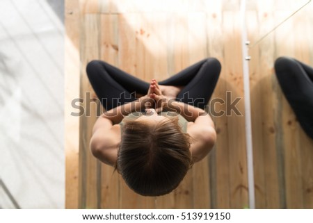 Woman Doing Yoga Exercises In Gym, Sport Fitness Girl Sitting Lotus Pose Meditation Relaxation