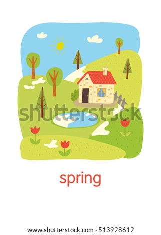 Spring. Educational flash card. School activity book vector eps 10 hand drawn illustration. Preschool poster.