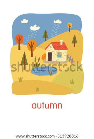 Autumn. Educational flash card. School activity book vector eps 10 hand drawn illustration. Preschool poster.