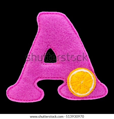 Letter A of the alphabet made of pink felt isolated on black background. Cyrillic (Russian) alphabet set. Font for children with educational pictures