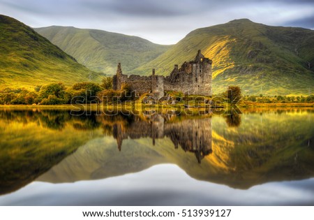 Kilchurn Castle reflections in Loch Awe at sunset, Scotland Royalty-Free Stock Photo #513939127