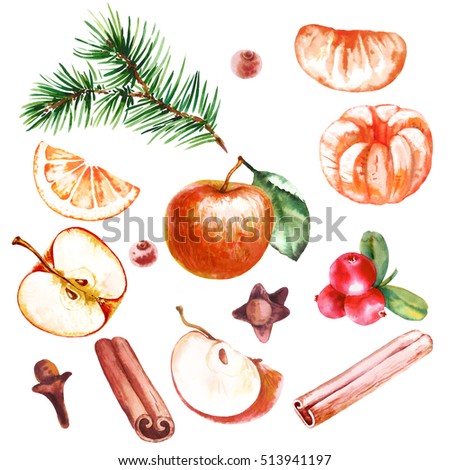 Watercolor Christmas set of fruits, spices and festive decor.  Design elements for invitations, announcements and greeting cards.